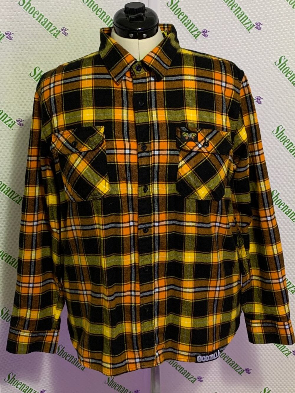 Middle Of Beyond Flannel Shirt Godzilla Mothra MOB Plaid Yellow Orange Mens L